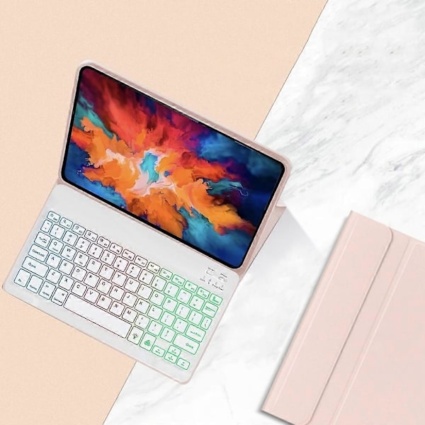 For Lenovo Tab P11 TB-J606F/L 2 i 1 Bluetooth Tastatur Nettbrett Lærveske Stativ med Bakgrunnsbelysning Multicolor Pink