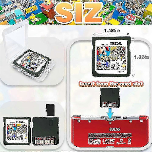 482 in 1 -pelikortti, joka sisältää 482 klassista nostalgista peliä, sopii useimpiin Ds / 2ds / 3ds -pelikonsoleihin