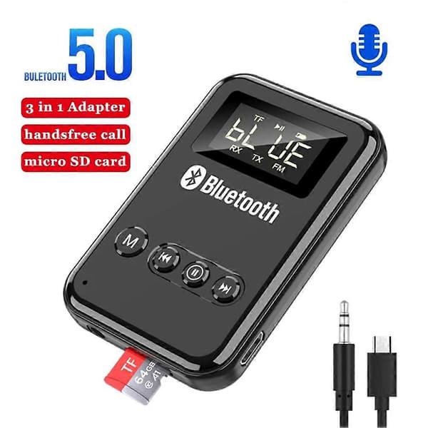 Bluetooth-mottagare Sändare Bluetooth 5.0-adapter 3,5 mm Jack AUX FM Bilkit Handsfree-samtal & Mikrofon Black