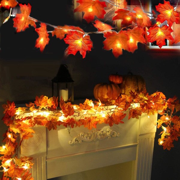 Lönnlövsslingor, höstlöv, krans, tacksägelse, halloween, jul, dekorativa ljus för utomhus och inomhus 40 lampor 3 sektioner