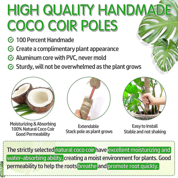 25\" Pack Coco Coir Moss Pole Uppgraderad Böjbar Växtstöd Moss Pole för Monstera med Twist Band SQBB
