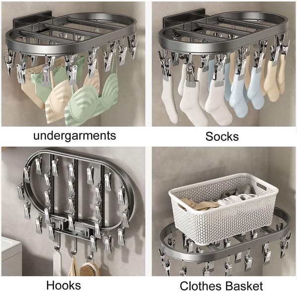 [KK]Wall Mounted Drying Rack Compatible with Socks, Foldable Clothes Rack with 24 Clips C