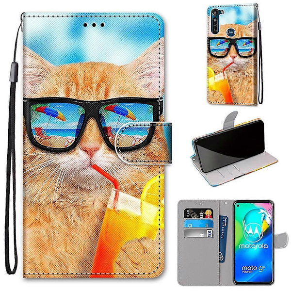 Yhteensopiva Motorola Moto G8 Power -puhelimen kanssa, värillinen piirros, ristikkäinen kuvio, vaakasuuntainen läppä PU-nahkakotelo pidikkeellä, korttipaikoilla, lompakolla ja kaulanauhalla Cat Drinking Soda