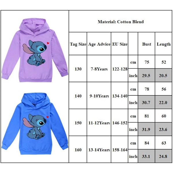 Pojkar Flickor Lilo och Stitch Ohana Hoodie Jumper Barn Topp lila purple 130cm