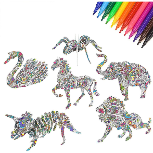 3d-pussel -3d-färgpussel för barn set, 6 sorters kreativa djurhantverk Gör-det-självfärgade set markörer (djurblandning)