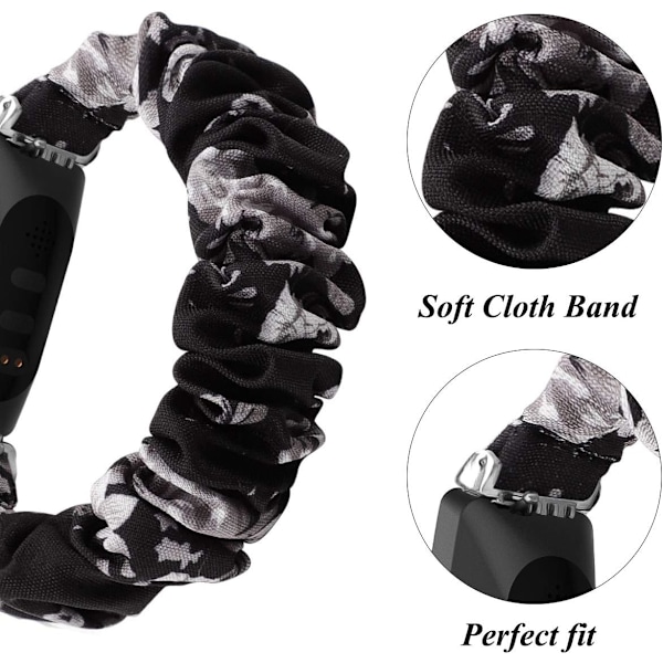 MEFEO Scrunchies kompatibla med Fitbit Inspire 2 Band/Inspire Svart/Grå Blomma Black/Grey Flower Small