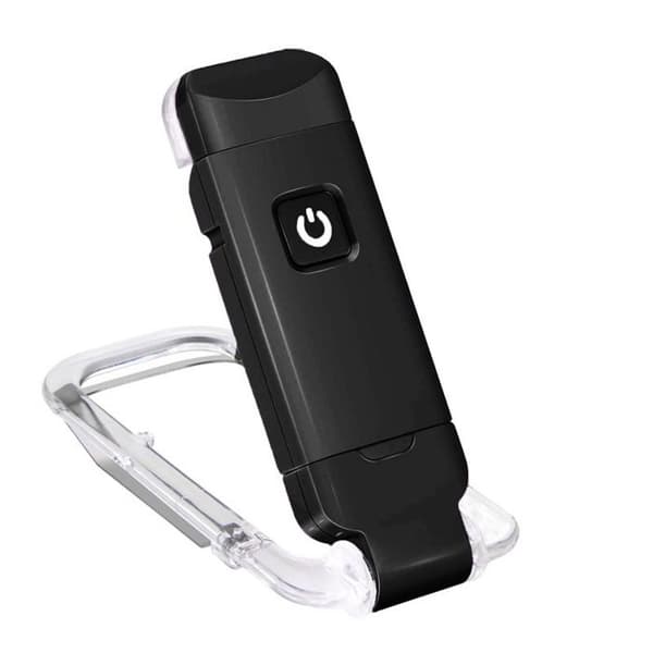 USB genopladelig LED-læselampe med klips og foldbar stander, justerbar lysstyrke til sorte bøger