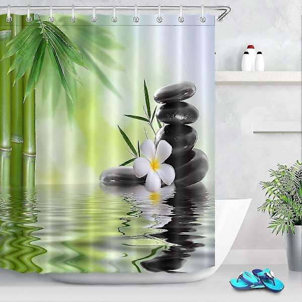 Spa-suihkuverho koukuilla, 180 x 200 cm musta kivi orkidea bambu vesikuvio kylpyhuoneen verho vesi