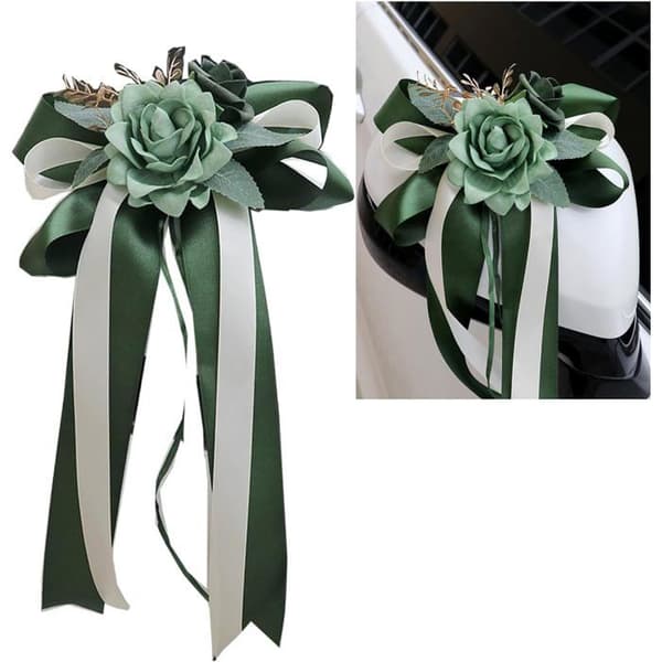Set med 4 bilrosetter i siden, blommig bröllopsbilsdekoration, simulerad rosett, bildörrhandtag, backspegel