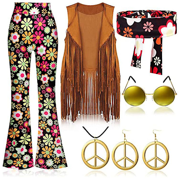 70'er Hippie fest retro dragt med frynser vest+bukser+sjal dragt Newway sort black XXL