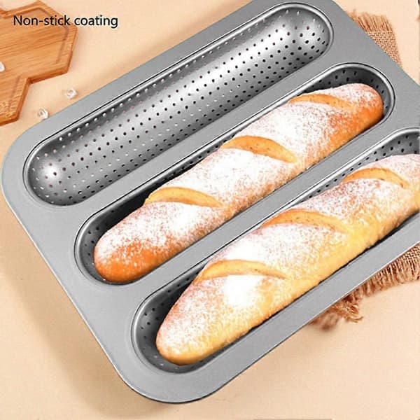 Baguetteform Fransk Brødform 3 Hulrum Bageplade Nonstick Langt Brød Toast Kageform Bageforme til Ovn Silver