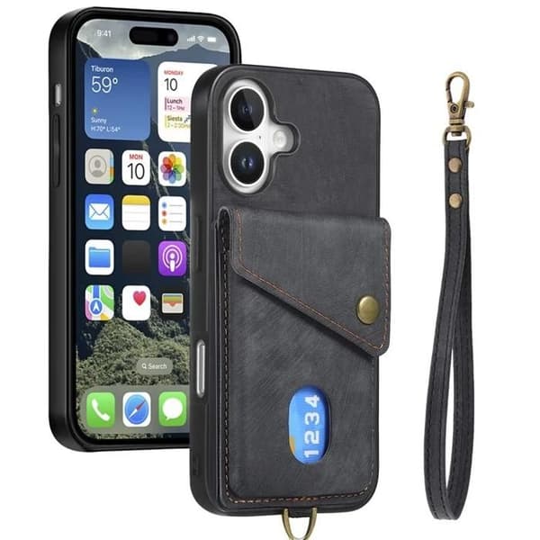 Til iPhone 16 etui med TPU læder telefoncover og læderstativ - Sort