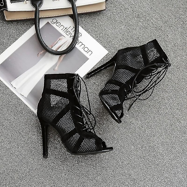 Höga damskor dansskor svarta balsalsstövlar salsa tango skor flickor mode fest mesh cutout högklackade sandaler svarta Black 37