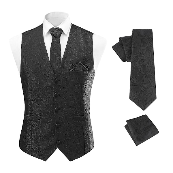 Miesten 3-osainen liivisolmiosetti häihin Paisley Jacquard -puku liivit&solmio&taskuliina Black M