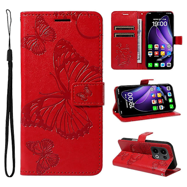 Til Oppo Reno13 5G (Global) Wallet Case Blomster Sommerfugl Præget Læder Telefon Cover Stativ - Grøn Multicolor Red