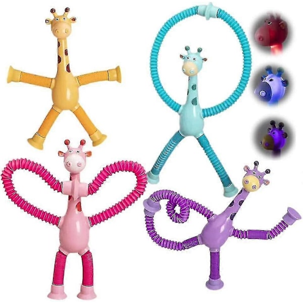 4 stk. Teleskopisk Sugekopp Giraff Leke, Formskiftende Giraff Teleskopisk Tube Tegneserie Puslespill Sugekopp Foreldre-barn Interaktiv Dekompresjonsleke- With light