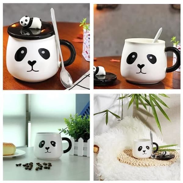 Kaffemugg - Panda - Keramik - Med lock - Med sked - Samtida design
