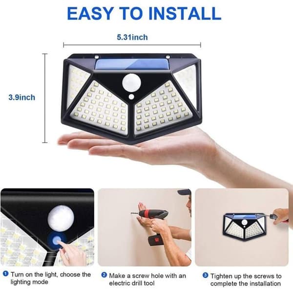 Sett med 2 utendørs solcellelamper, 100 LED, bevegelsessensor, IP65 vanntett, 3 moduser og flere farger, Largeight