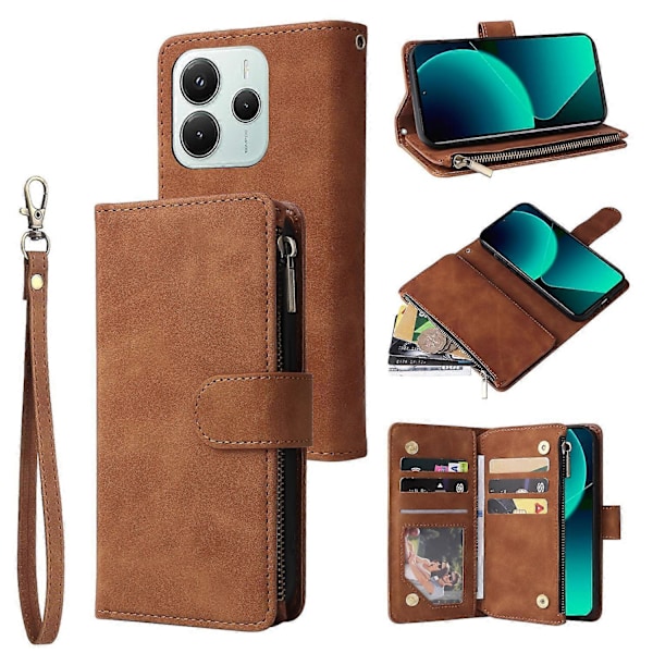 For Xiaomi Redmi Note 14 5G Deksel Glidelås Lommebok Flere Kortspor Lær Telefondeksel Multicolor Brown