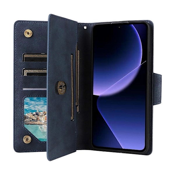 Yhteensopiva Xiaomi Redmi Note 14 5G Poco M7 Pro 5G -kotelon kanssa Vetoketjullinen lompakko Nahkainen jalustallinen puhelinkotelo Niittikoriste Multicolor Blue