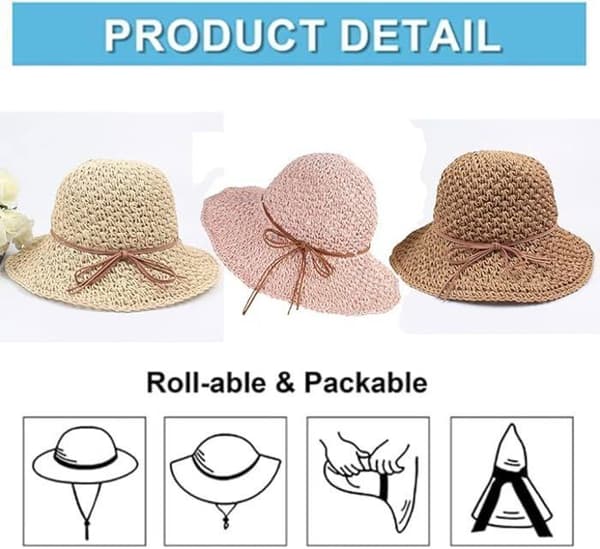 Stråhat til kvinder, UV-beskyttende solhat, sommerhat til piger med sløjfe, foldbar strandhat, blød hat