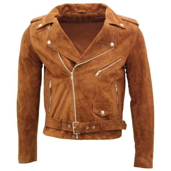 Herre Brun Tan Ruskind Læder Biker Jakke Tan XS