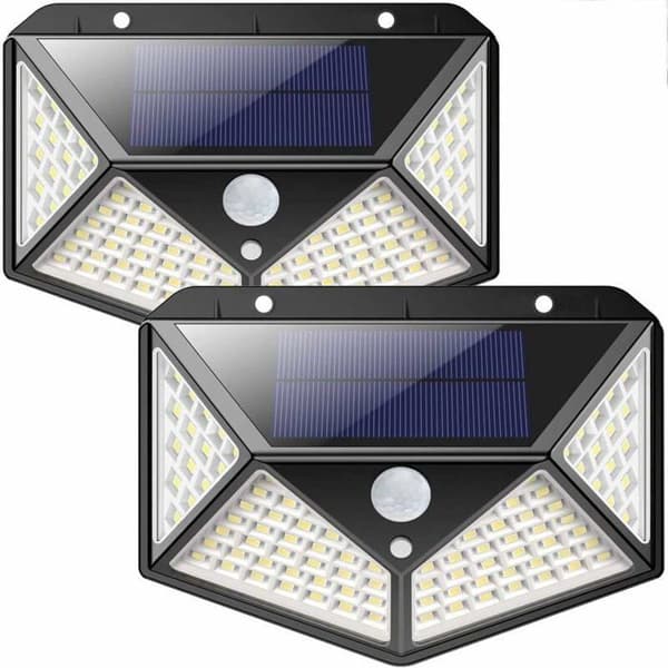 Sett med 2 utendørs solcellelamper, 100 LED, bevegelsessensor, IP65 vanntett, 3 moduser og flere farger, Largeight