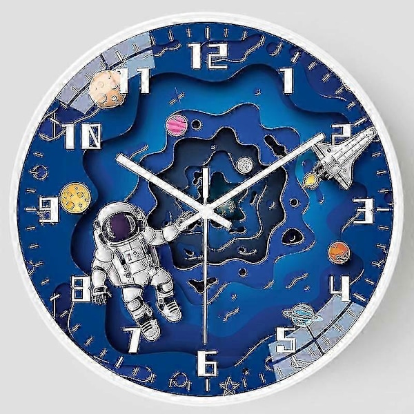 Hiljainen lasten seinäkello, äänetön pyöreä lasten seinäkello, astronautti avaruusmatka