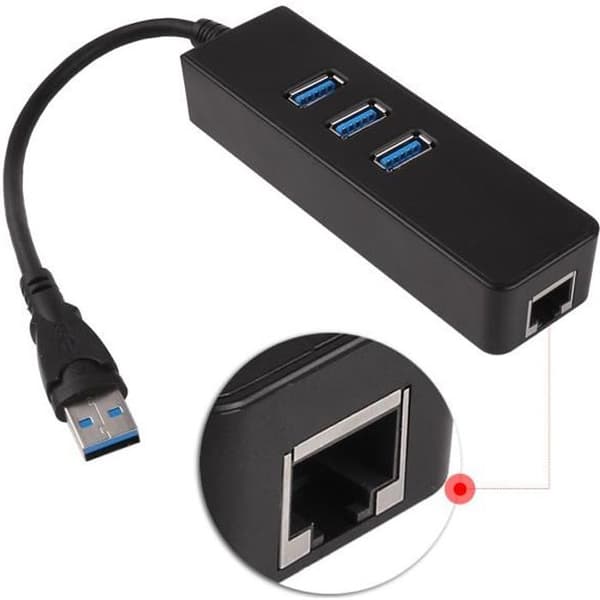 RJ45 Ethernet-adapter - USB 3.0 - 3 porte - 1000 Mbps - Sort - Kablet netværkshub