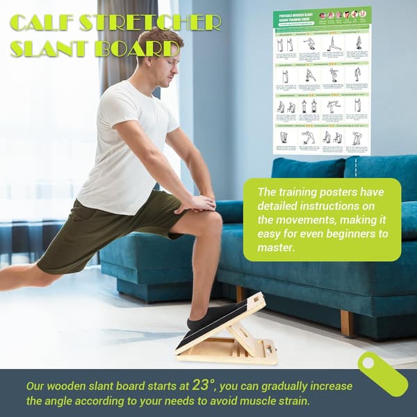 [KK] Slant Board, Adjustable, Portable, Wood-Based Mobility Board Compatible with Calf Stretch with Exercise Poster
