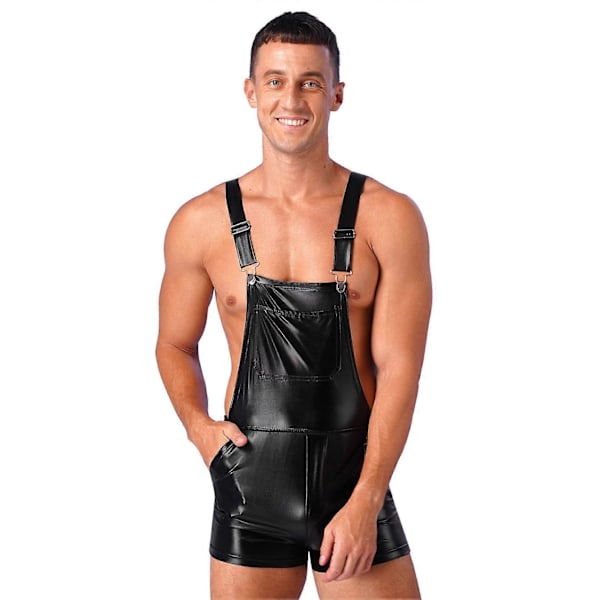Menn Mote Skinnende Metallisk Bib Overalls Sele Shorts Prom Club Rave Festival Klær Jazz Hip Hop Pole Dance Shorts black S
