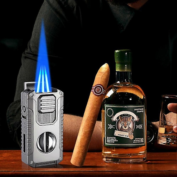 5-i-1 Cigar Lighter med V-Cutter & Punch & Draw Enhancer - Triple Jet Flame Genopfyldelig Butan Torch, Perfekt Gave til Mænd Black Brushed