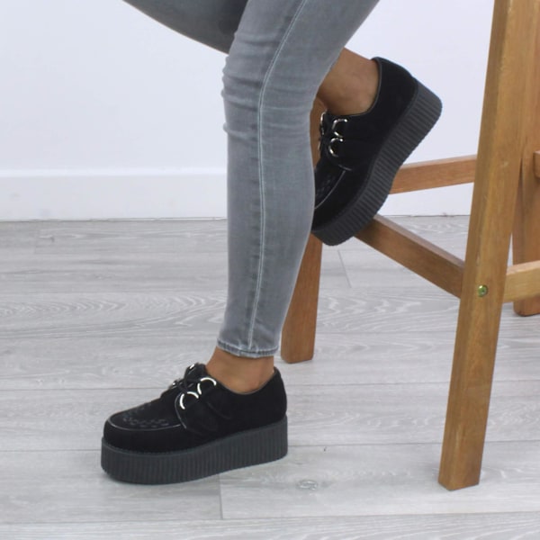 Dam platta dubbla platå kilklack snörning goth creepers skor stövlar Black Suede UK 4 / EU 37 / US 6