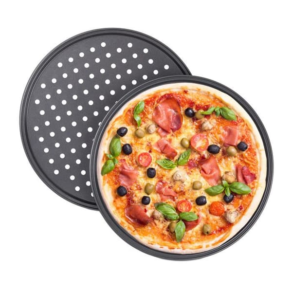Relaxdays Pizzapanne, sett med 2, perforert ovnsbrett, hull, karbonstål, form, non-stick, rund, 32 cm diameter, grå