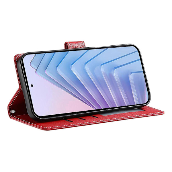 Xiaomi Redmi Note 14 5G -kotelo, nahkainen magneettilukko, lompakkoteline, puhelinkotelo rannehihnalla Multicolor Red