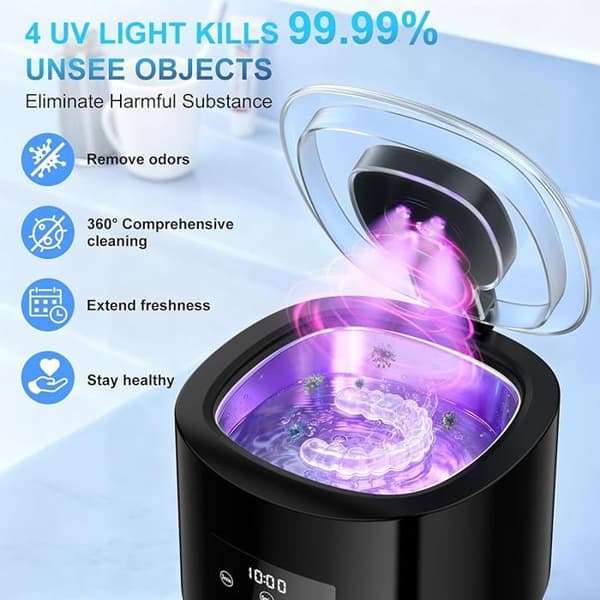 50kHz Ultralydsrenser (230ml) | 4 UV-lamper, 3 tilstande, HD digitalt display, sort, bærbar ultralydsrenser