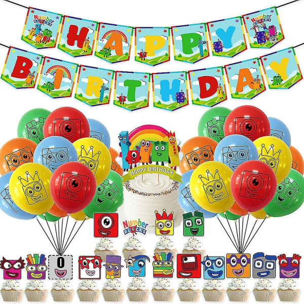 Nummerblock Tema Grattis på födelsedagen Party Dekoration Ballong Banner Cake Toppers Set