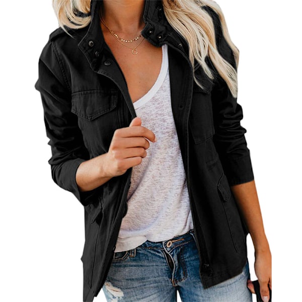 Women Pockets Coat Snap Buttons Military Jacket Y Black