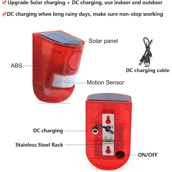 Solcells-drivna ljud- och ljuslarm med rörelsesensor 110 decibel Si