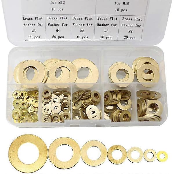 Messing flat skive sortimentsett, kobberpakning flat ring tetningssortimentsett (210 stk, M3-M12) Yellow