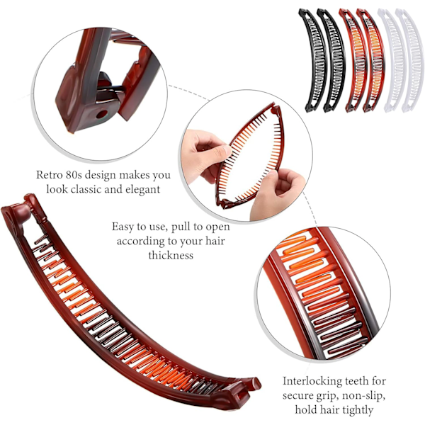 6 st Banan Hårklämmor - Dubbla Kamklämmor för Tjockt Hår (Brun och Svart)