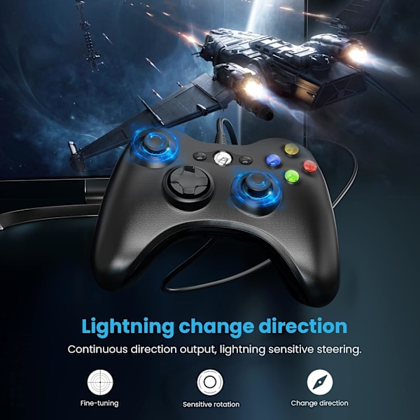 Ledningsforbundet controller til Xbox 360, YAEYE spilcontroller til 360 Black