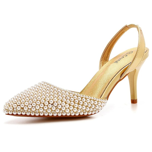 Pärl Slingback Stiletto Höga Klackar för Kvinnor, Spetsig Stängd Tå Slip On Kitten Mellanhöga Sandaler - 2.75I Apricot US 9