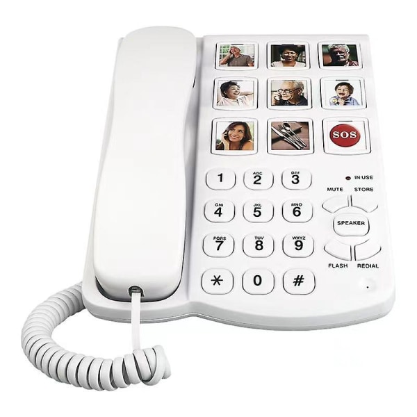 Sladdtelefon med stor knapp för äldre seniorer, fast telefon med stor knapp för äldre personer med utbytbar bildminnesnyckel, förstärkare