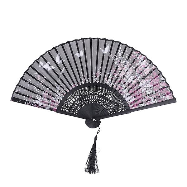 SQBB Women Folding Fan Handheld Fan Japanese Style Folding Fan Silk Fan with Bamboo Frame (Black) Black M