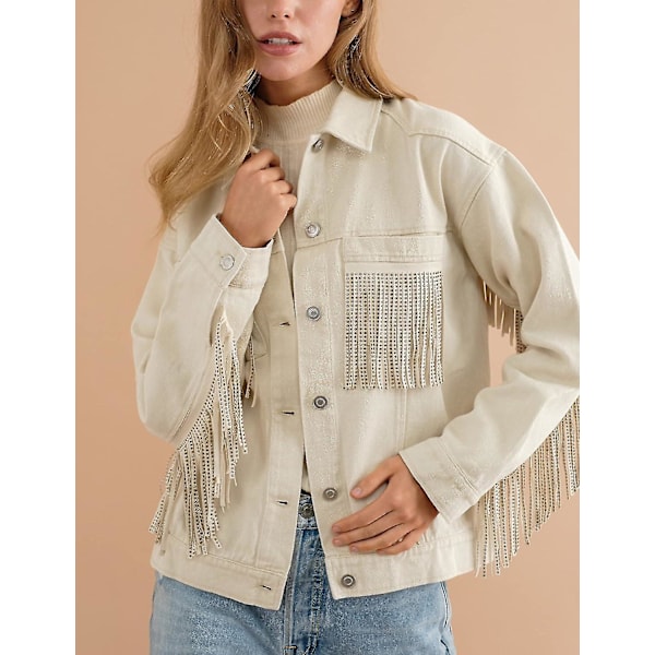 Kvinnors Rhinestone Fringe Denim Jacka Långärmad Casual Tassel Jean Jacka Rock Beige Beige X-Large