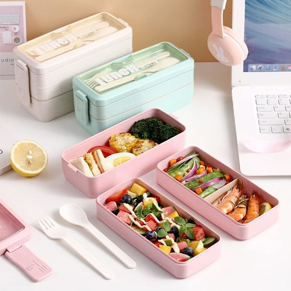 Lunchlåda med fack, behållare av vetehalm, läckagesäker, stapelbar Bento-lunchlåda för måltidsförberedelse khaki