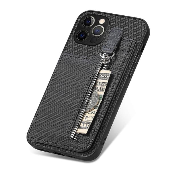 Til iPhone 12 Pro Max kulfiber lodret flip lynlås telefonetui