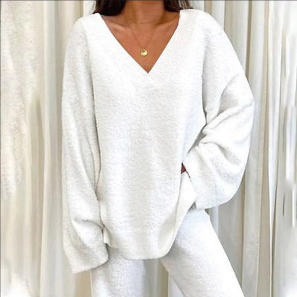 Dames Polar Fleece V-Hals Lounge Set Hvid Todelt Bredbenet White 2XL