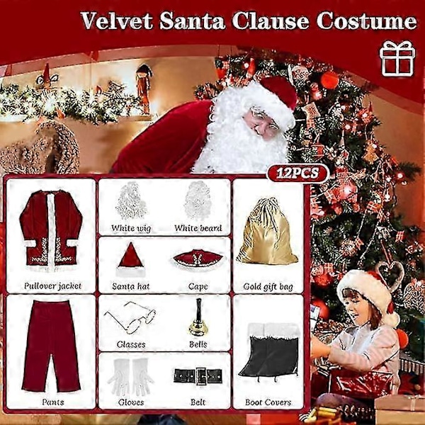 Tomtedräkt Set 12 delar Vuxen Deluxe Sammet Tomtekostym Set, Jul Herr Deluxe Tomtedräkt, för Män under Julhelgen M